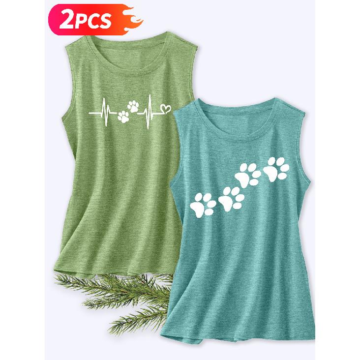 Follow a Specific Direction Two-piece Women's Vest Set Pet Paw Print ECG Print Elegant Summer Party Outfits Sleeveless Vest Essential Fashion Items