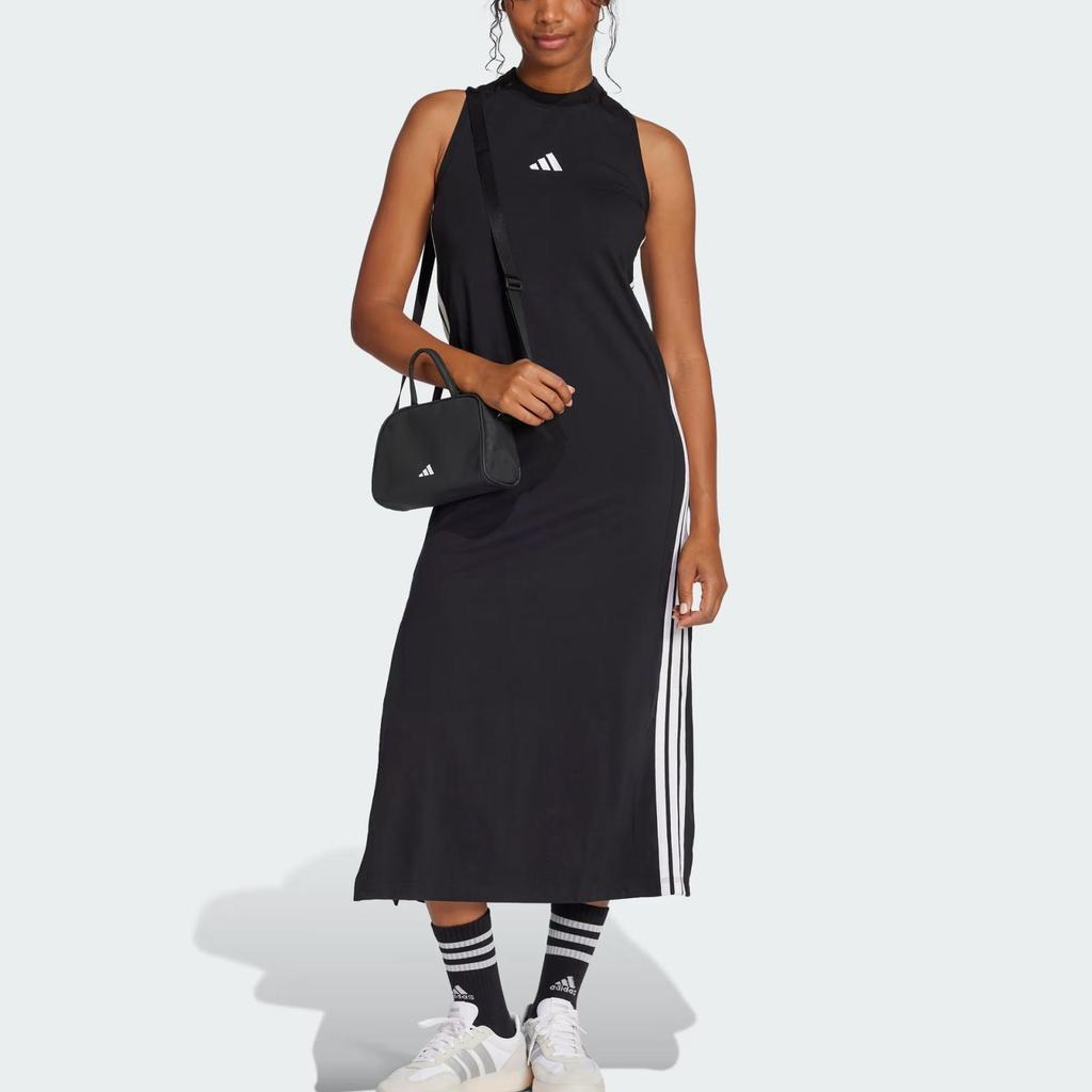 adidas Essentials 3-Stripes Sportswear Long Racerback Dress Women Dress Black White JE1208