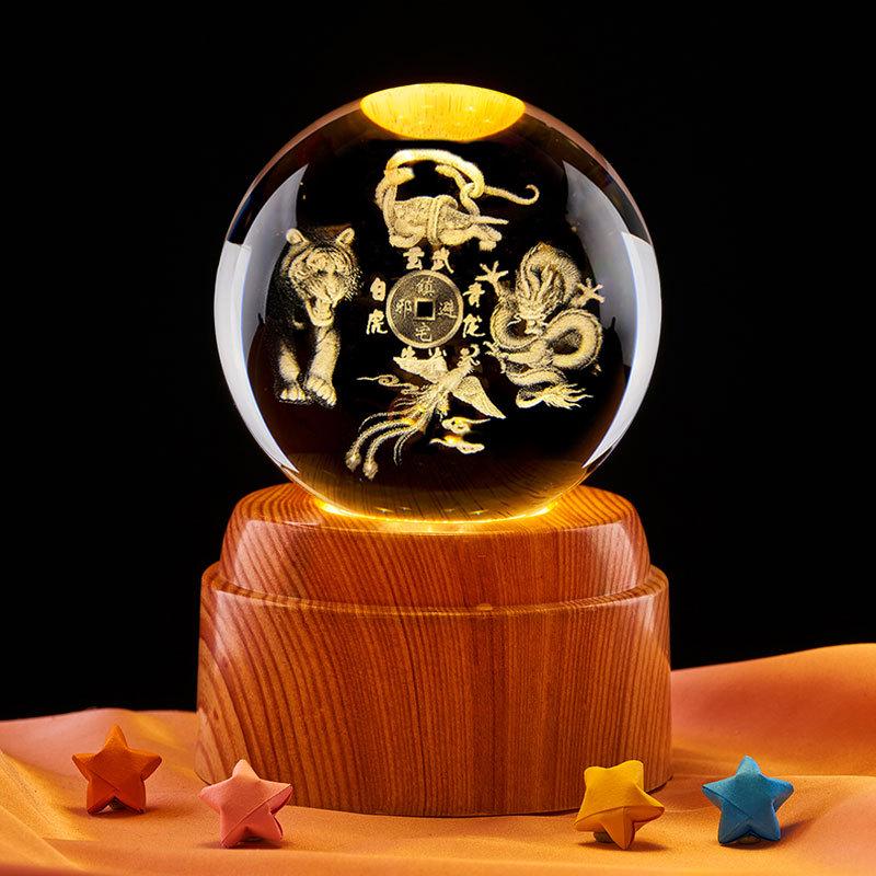 Four Sacred Beasts 3D Crystal Ball Night Light - Bluetooth Luminous Ornament for Birthdays & Qixi Festival