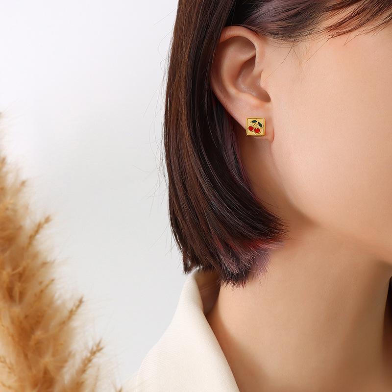 Серьги-пусеты из титановой стали 18K, французская эстетика, маленькая вишня, квадратные