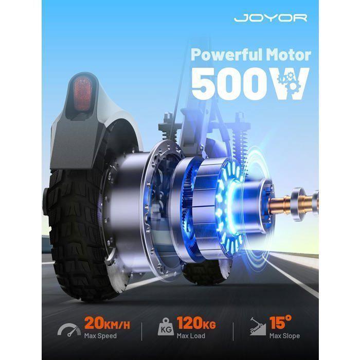 JOYOR Y8-S - Scooter électrique - Moteur 500 W - Vitesse maximale 20 km/h - Batterie 48 V-26 Ah - Noir