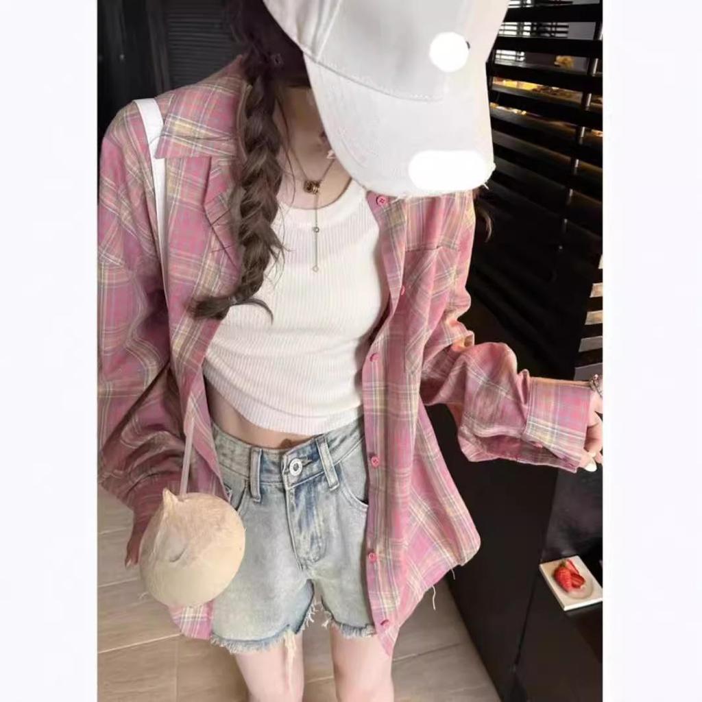 Women's Retro Pink Plaid Polo Shirt - Over 95% Cotton - Korean Style for Early Autumn