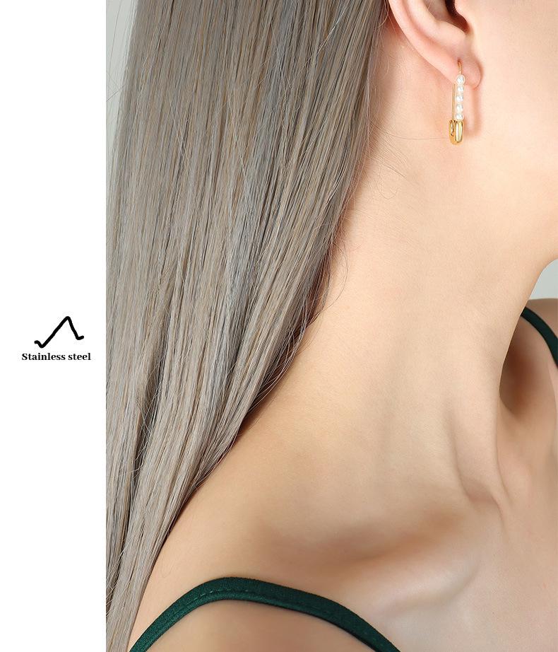 European & American Retro Style Paperclip Faux Pearl Titanium Steel 18K Gold-Plated Earrings