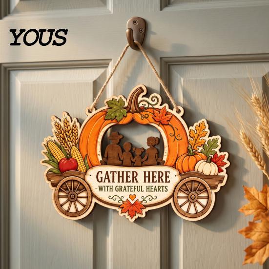 Indoor Outdoor Holiday Sign Thanksgiving Front Door Hanging Sign, Pumpkin Turkey Pattern Hanger, Autumn Ornament Harvest Wall for Farmhouse Porch Home