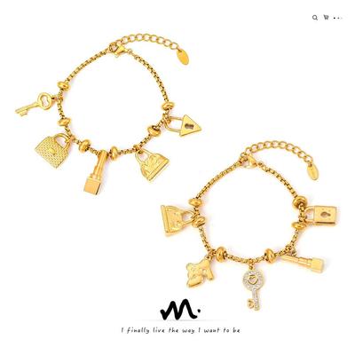 Trendy European-American Multi-Element Rhinestone Pendant Bracelet, Adjustable Retro 18K Gold-Plated Titanium Steel Jewelry