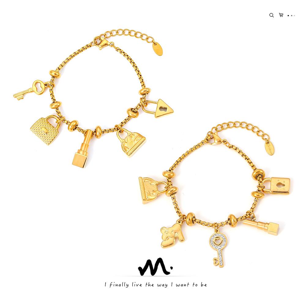 Trendy European-American Multi-Element Rhinestone Pendant Bracelet, Adjustable Retro 18K Gold-Plated Titanium Steel Jewelry