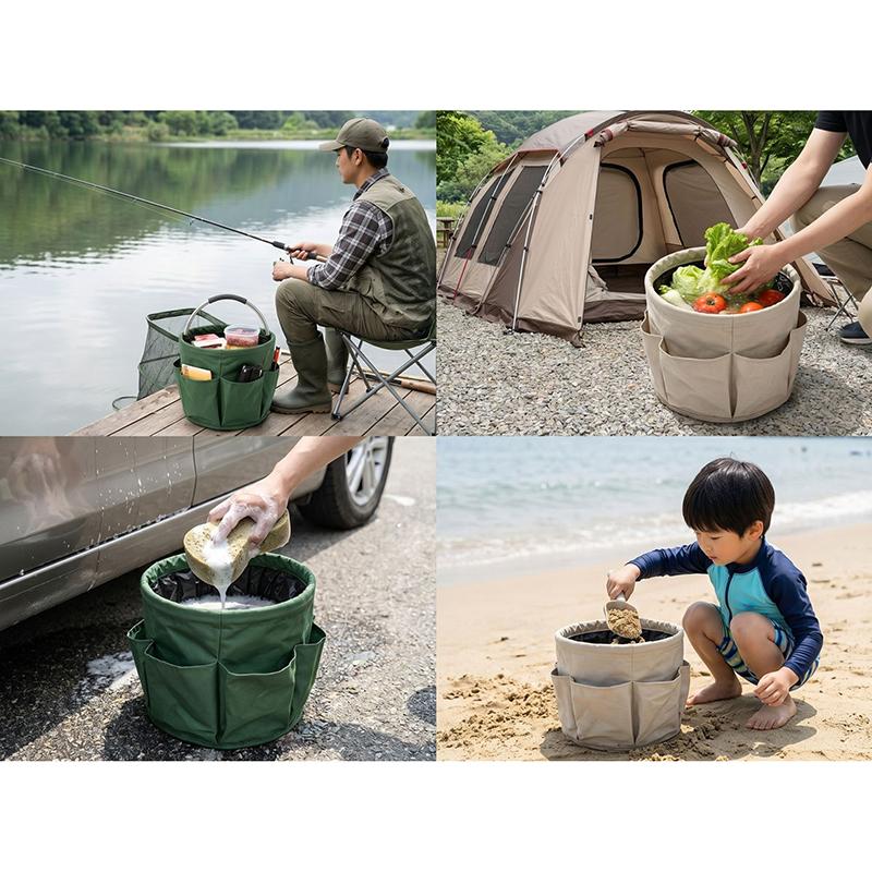 Multi-pocket Foldable Waterproof Storage Bucket, Oxford Cloth Portable Handheld Multi-purpose Bucket for Fishing, Camping & Car Washing