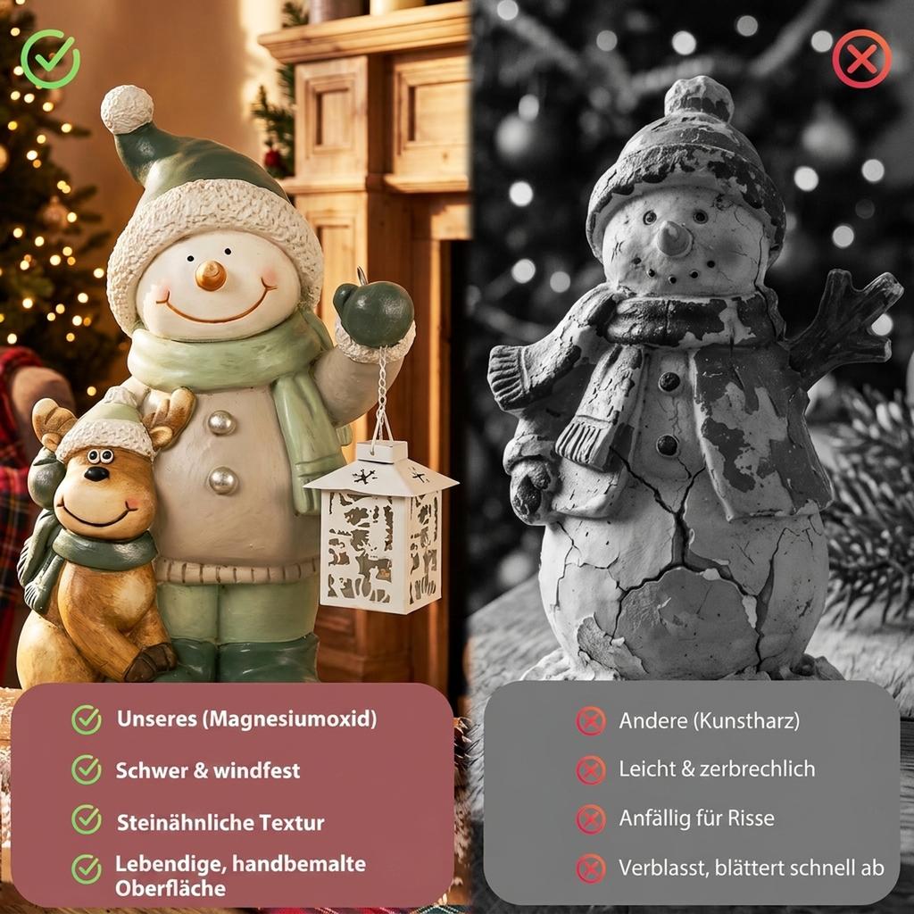 Snowman Figure 43 cm made of MGO with LED Lantern and Timer, for Entryway & Doorway Area