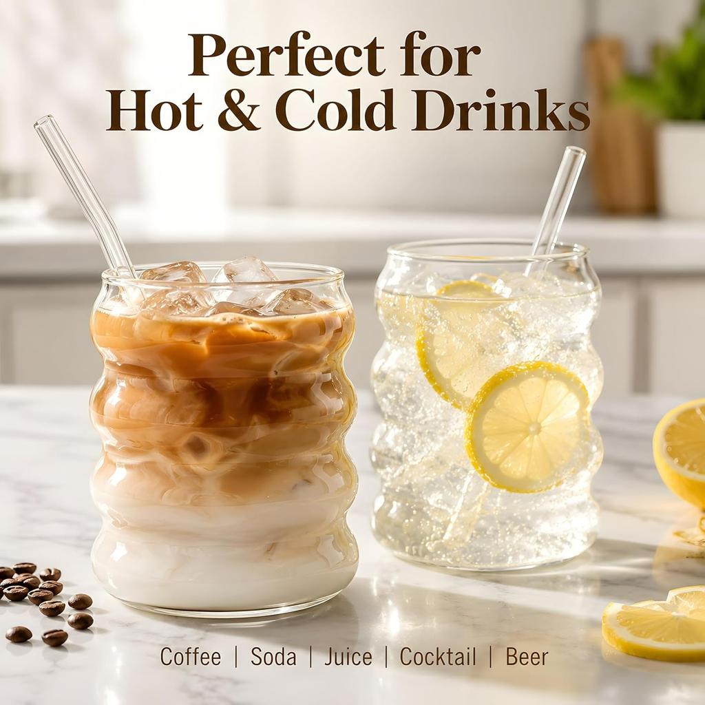 NINU Ribbed Drinking Glass Cups with Glass Straws, Aesthetic Iced Coffee Glasses,Wave Bubble Glasses Tumbler,Ripple Glassware,Beer Glasses for Coctail