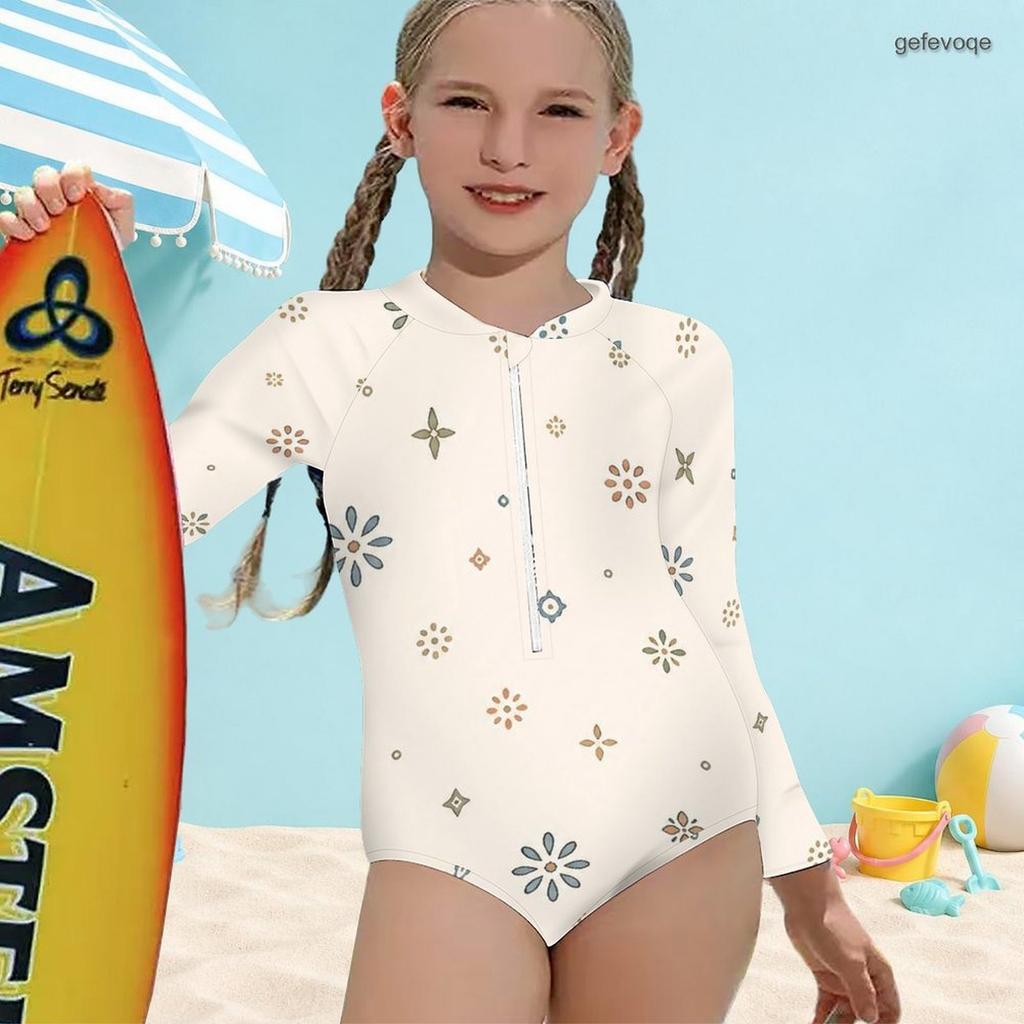 Girls Cream White High Neck Long Sleeve Front Zip Floral Printed One Piece Swimsuit