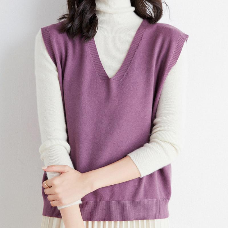 IHUASU Women's Autumn and Winter Loose V-neck Knitted Waistcoat Solid Colour Short Section Sleeve Head Sleeveless Outer Shoulders Vest