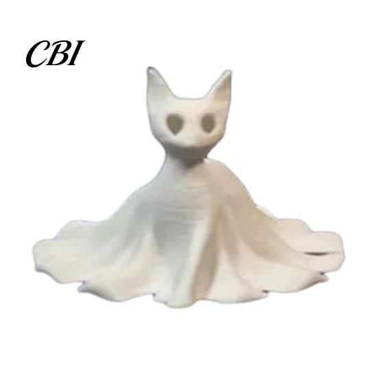 Ghost Skirt Cat Sculpture 3D Printed Statues, Halloween Haunted Kitten Figurines with Hollow Eyes Durable Statue & Flowing Drapes, Matte White Spooky
