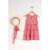 Girl Child Red Colored Floral Patterned Dress With Hat Accessory