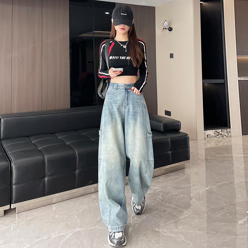 

Ретро Синие Джинсы-Палаццо для Женщин на Весну и Осень Новые Инструмент для Похудения с Высокой Посадкой Свободные Струящиеся Брюки-Бананы 2XL