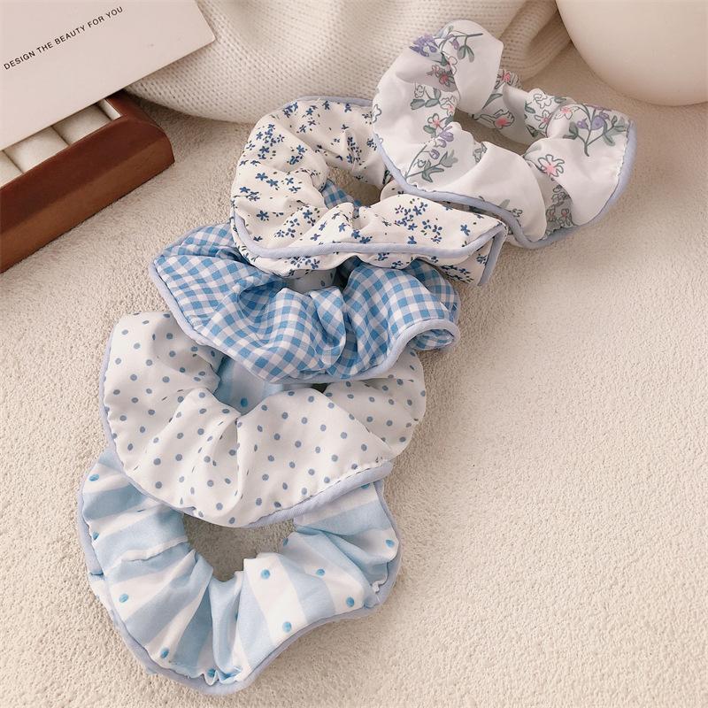 Sea Salt Blue Polka Dot Floral Plaid Large Hair Scrunchie Sweet and Versatile Fabric Hair Tie Hair Accessory