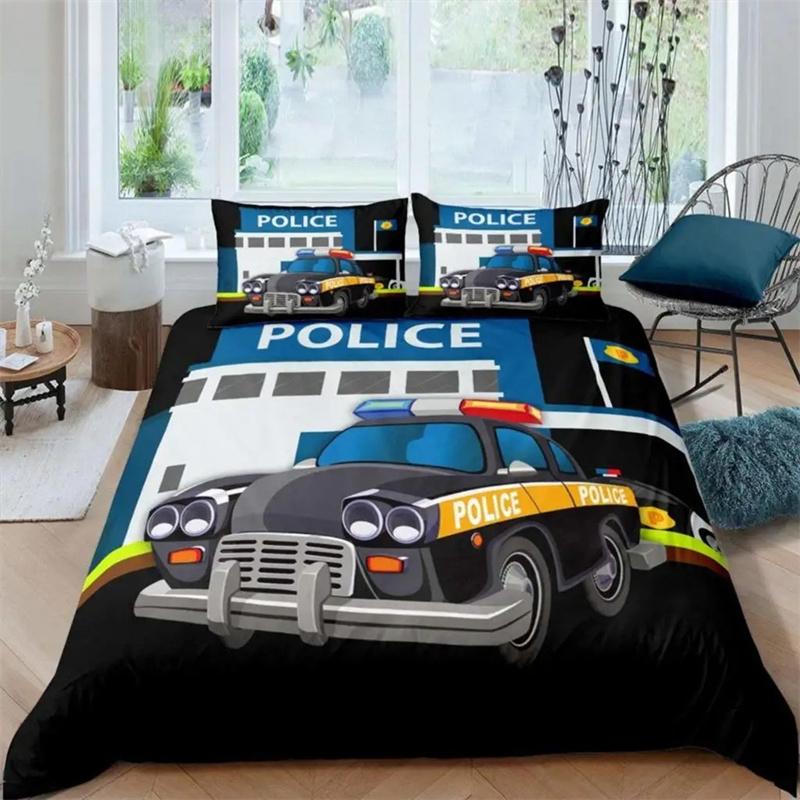 3D Auto Königin König Bettbezug Cartoon Auto Bettwäsche Set Kinder Jungen Blau Grau Notfallfahrzeuge Polyester Steppdecke