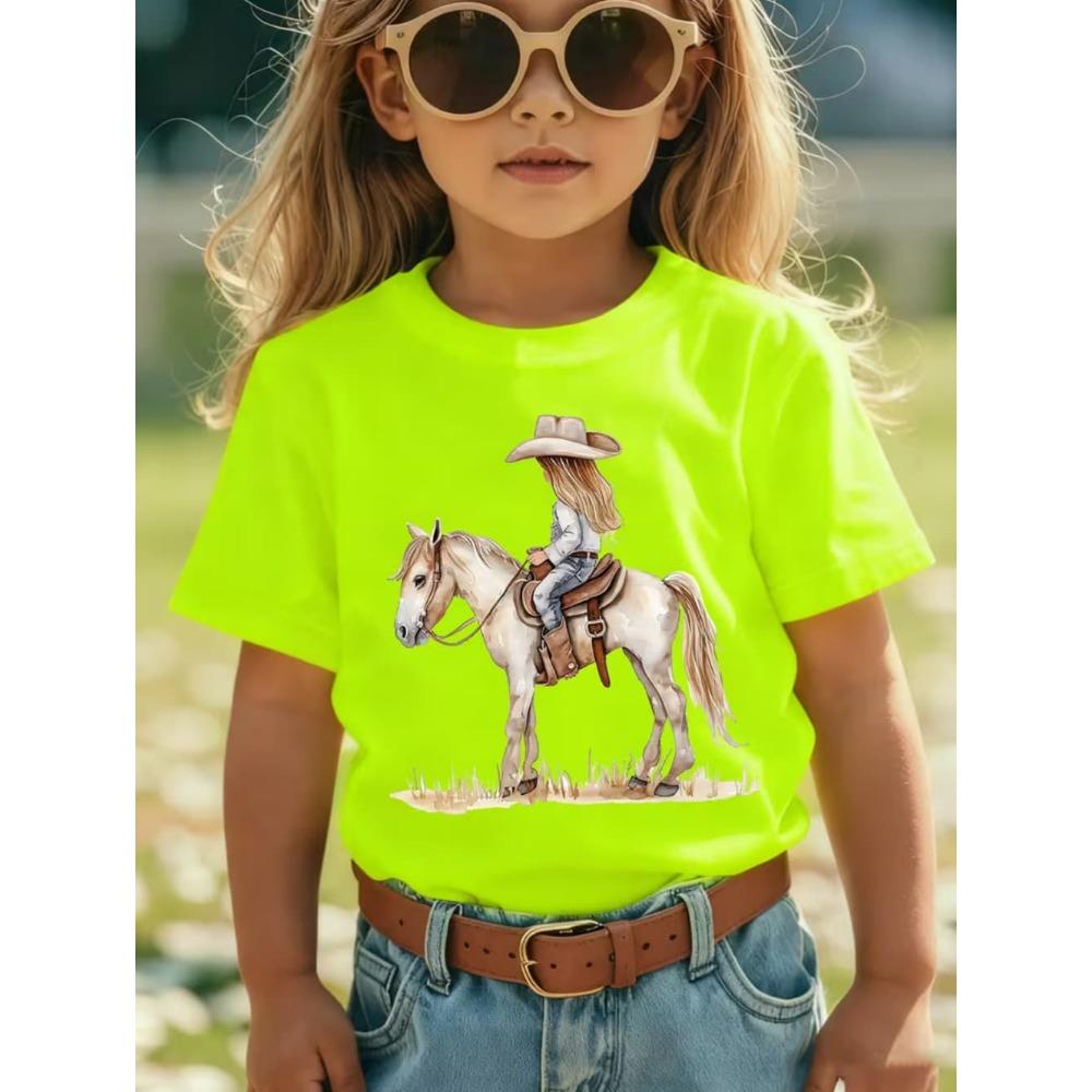 Girl Clothes Cow Girl Riding Horse 3D Print T-Shirt Western Festival Casual Top Summer Short Sleeve Outdoor Children's Clothing