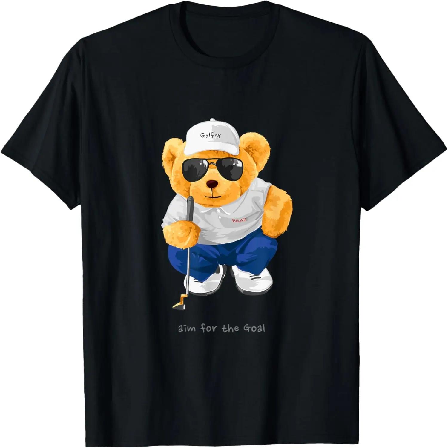 Cool Wild Teddy Bear Playing Golf Style Illustration Graphic T-Shirt S