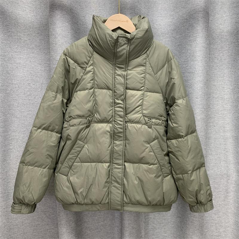 Femei, toamnă iarnă, jachetă albă din puf de rață, haină căptușită, guler scurt, mânecă completă, buzunar cu fermoar, vrac, îngroșare, culoare solidă