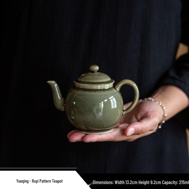 Celadon Ruyi Tea Set: Embossed Gaiwan, Teapot, Cup, Can, and Ornament