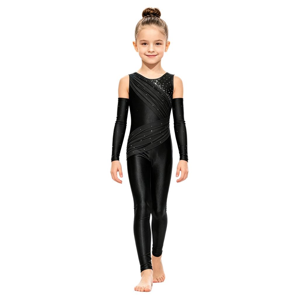 Girls Sparkly Rhinestone Dance Bodysuit Sleeveless U Back Mesh Overlay Ruched with Detachable Arm Sleeves for Gymnastics Competition