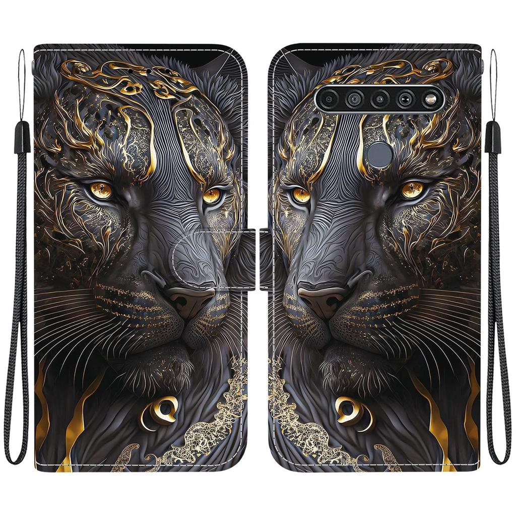 Handmade PU Leather Flip Case for LG K61 Anti-Slip Shockproof Cover with Wrist Strap & Heart/Rose Cat Designs