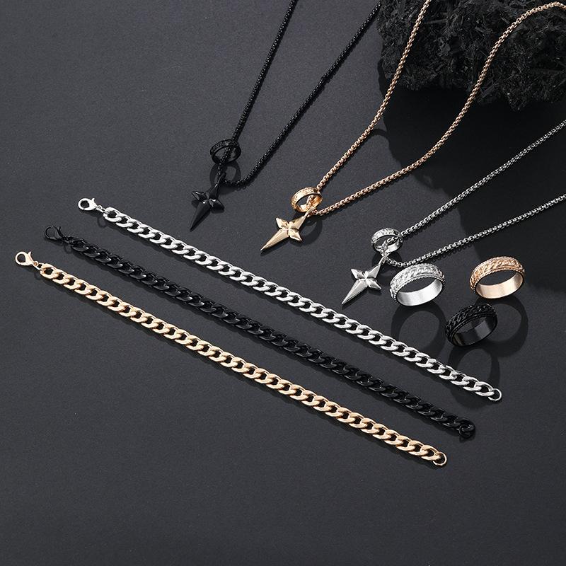 3Pcs Set Men'S Stainless Steel Metal Cross Pendant Chain Necklace Bracelet Ring Jewelry Set Male Hip Hop Daily Wear Accessories