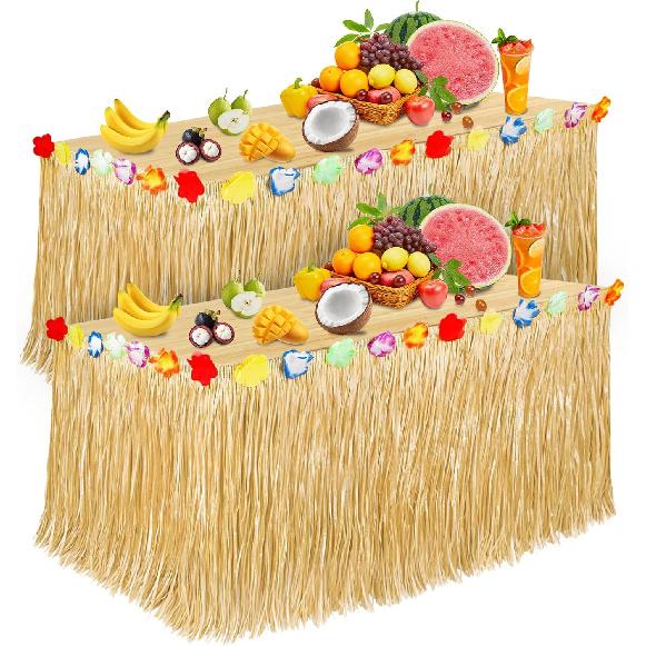 Luau Party Decorations, Grass Table Skirt for Tropical Hawaiian Party Decorations, Flower 72.8   X 29.5   Hawaiian Luau Party Favors & Aloha Summer 2PCS Straw Yellow