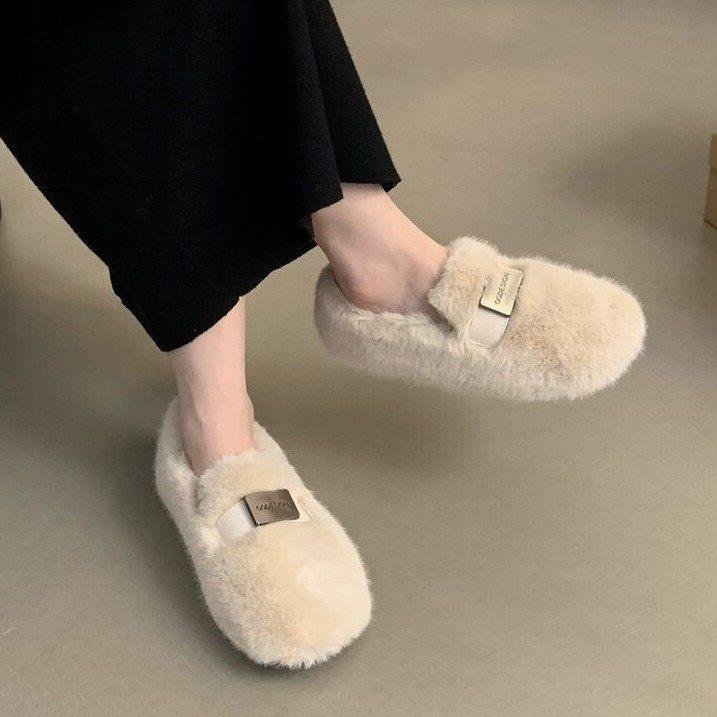 Mao Mao shoes women pedal new velvet cotton shoes flat autumn and winter Internet celebrities warm Korean version of Doudou shoes 2025 outer wear