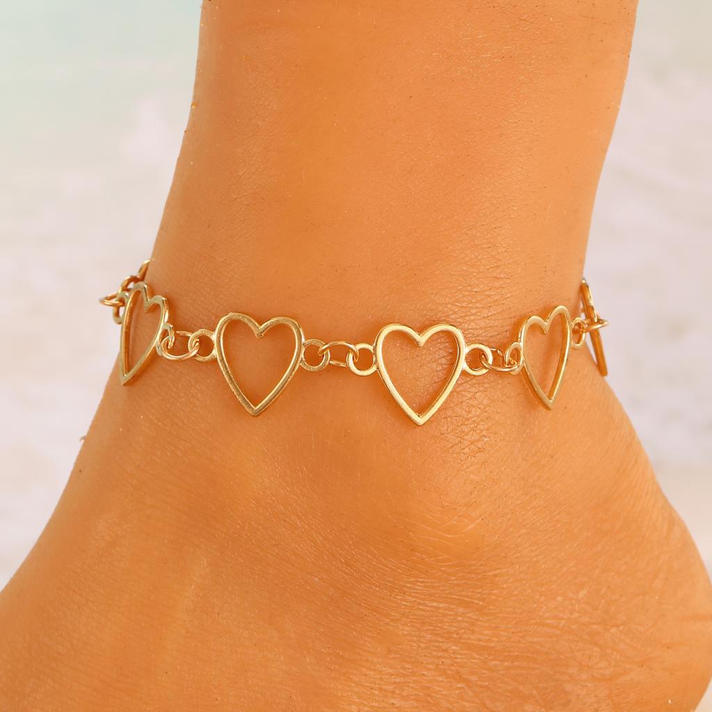Interlocking Double Hollow Heart Thin Chain Anklet Minimal Romantic Adjustable Foot Jewelry for Women Beach Daily Accessory