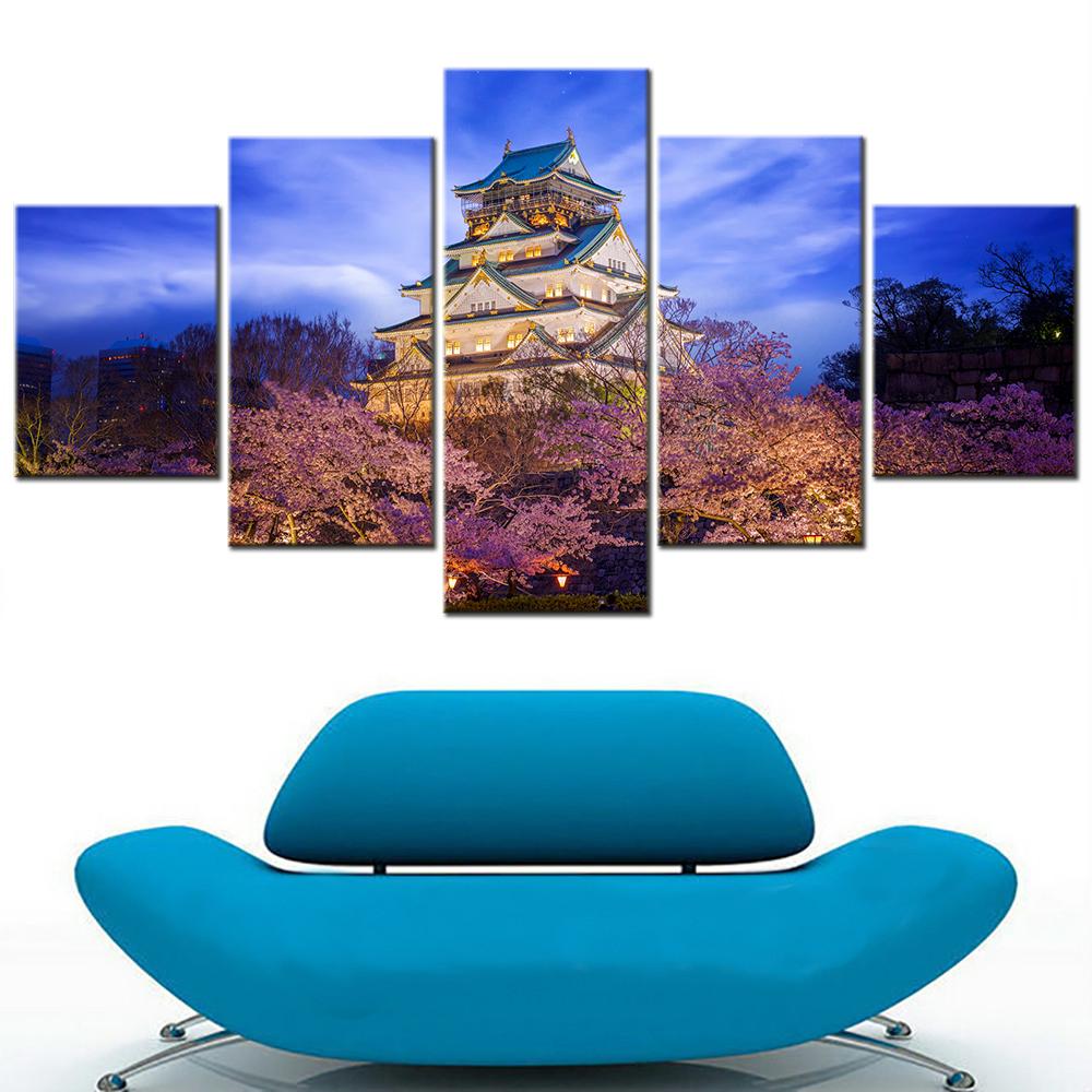 Osaka Castle Park Evening Scene 5 Panel Modern Canvas Wall Art Set - Living Room Decorative Picture Splitter for Home Decoration