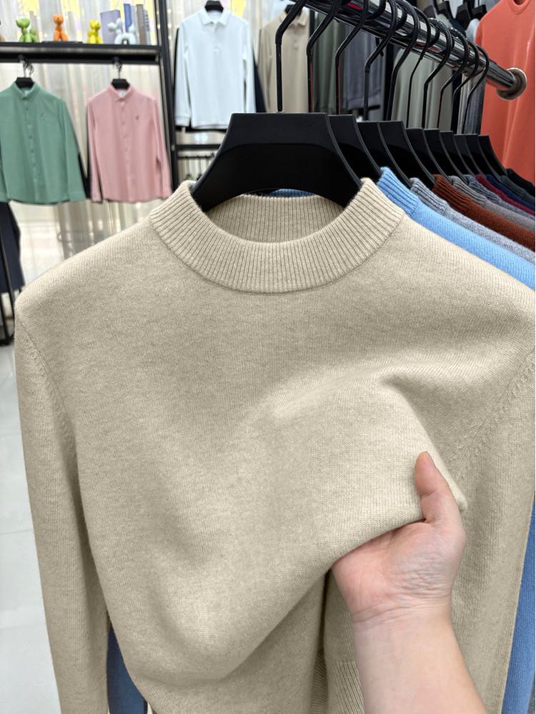 Men's Autumn/Winter Wool Sweater - Half-High Collar, Solid Color, Long Sleeve, Skin-Friendly, Warm Base Layer