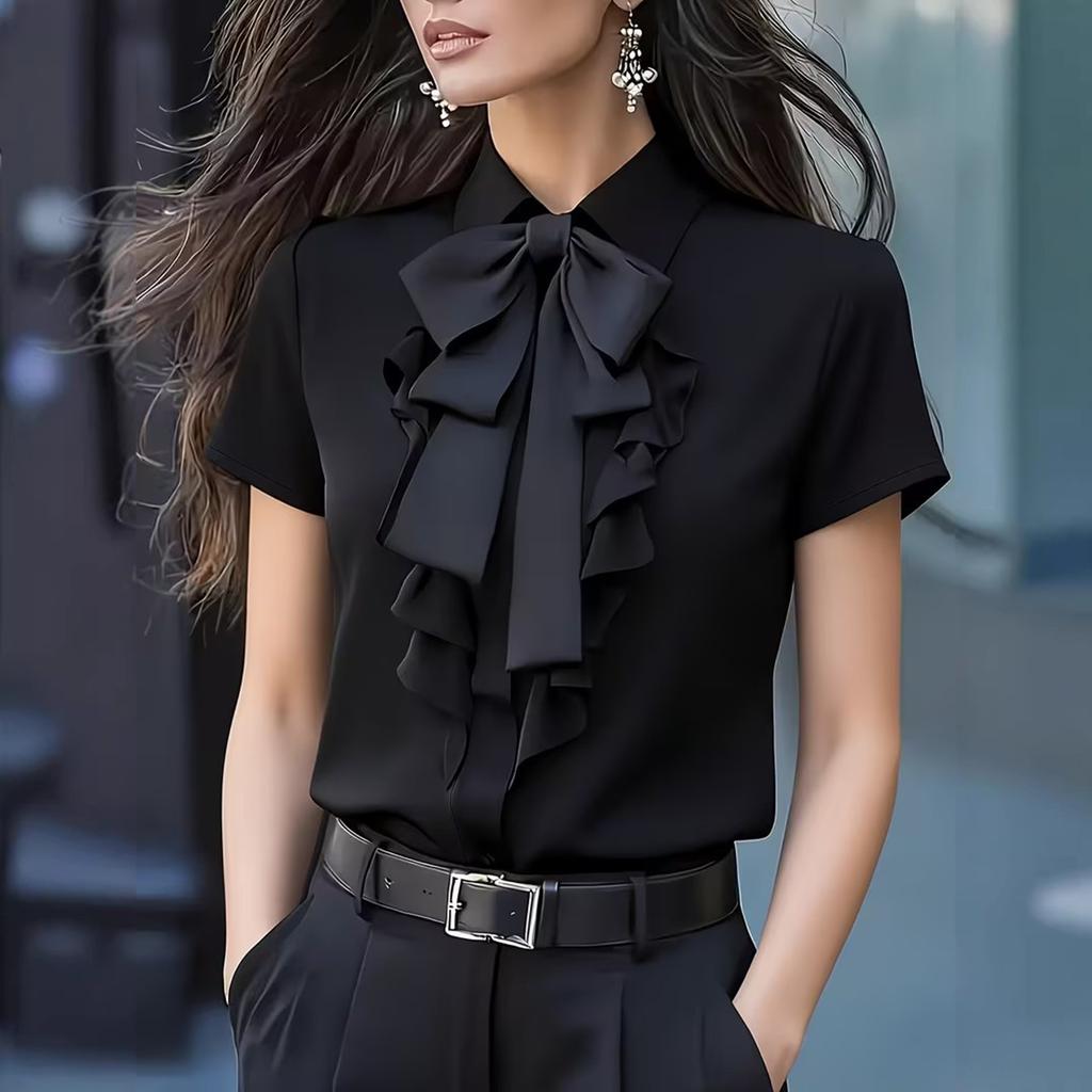 Short Sleeve Blouse for Women Ruffle Front Button Down Shirt with Bow Tie Neck and Classic Fit for Office Work