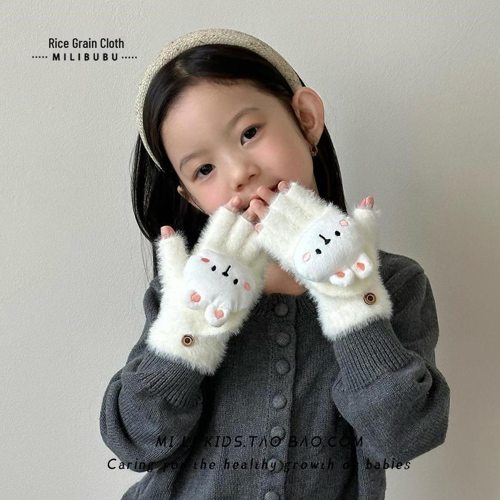 Girls' Winter Plush Rabbit Gloves: Warm, Touchscreen-Compatible, Half-Finger Flip-Top with Fleece Lining