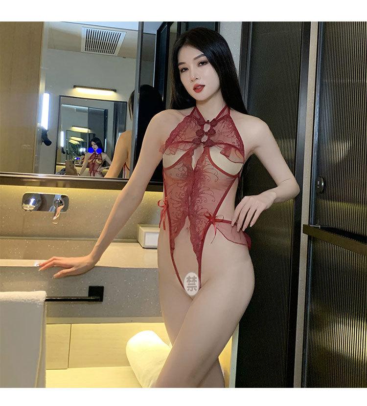 Sex lace seduction pajamas sexy cheongsam gather front open nightgown women's hot uniform