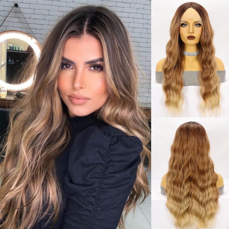 Hand-tied Lace Front Wig Long Curly Gradient Synthetic Women Middle Part