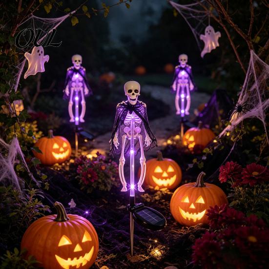 Glowing Skull Figurines for Lawn Solar Skeleton Yard Stake Light, Halloween Garden Decor Outdoor Lights with Cloak, Waterproof Lamp Haunted