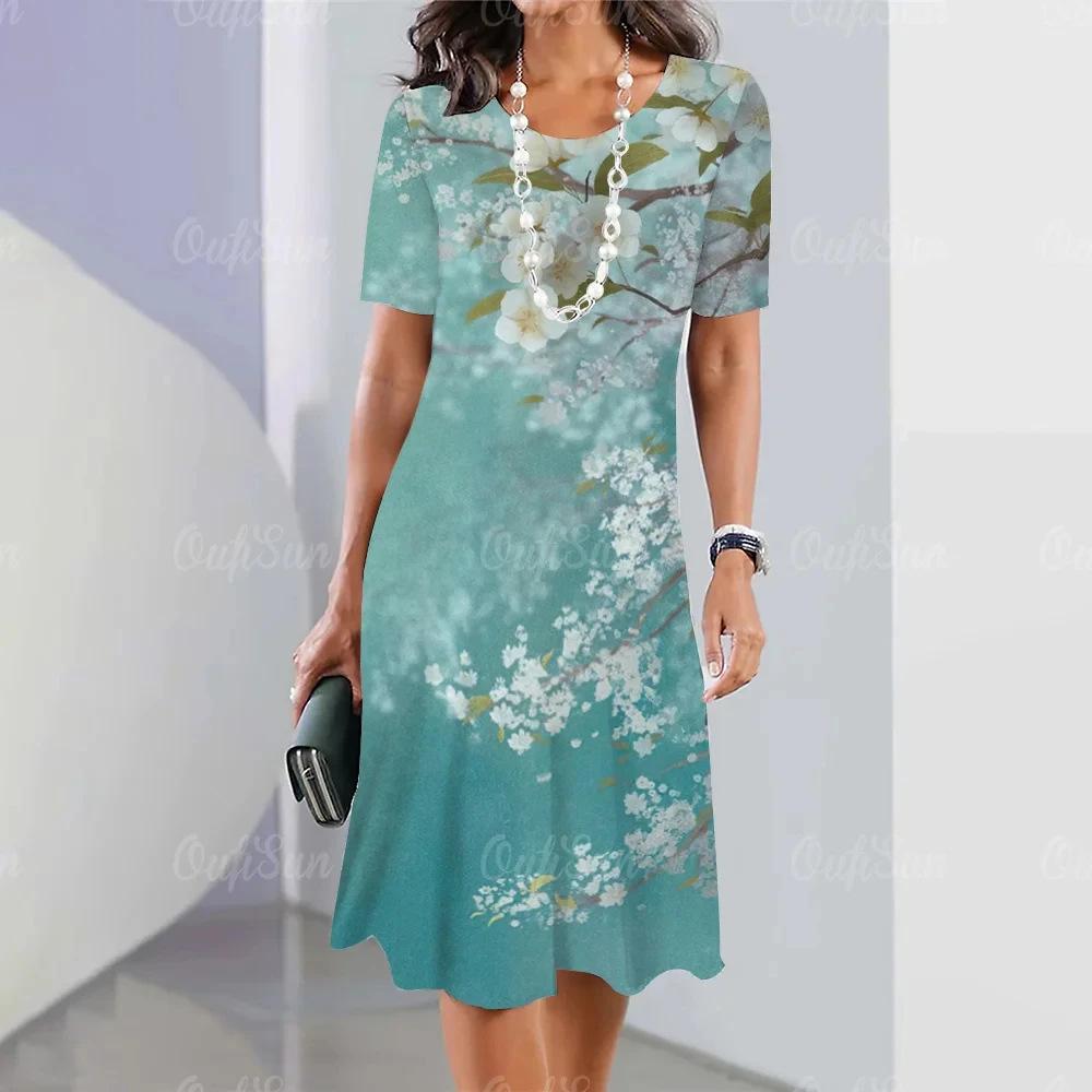 Elegant Summer Color Block Short Sleeve 3D Floral Maxi Dress with Cinched Waist and Round Neck