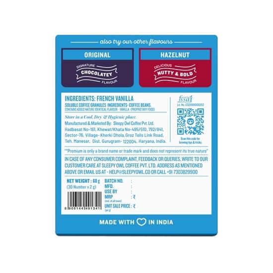 Sleepy Owl French Vanilla Flavour 100% Arabica Coffee Sachets | 60g - Pack of 30 x 2g Instant Coffee Powder Sachets | Travel Friendly