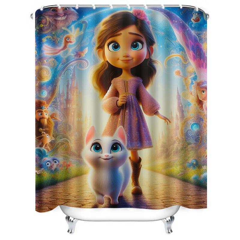 Magical Princess And Cat Shower Curtain | Fantasy Kids' Bathroom Decor