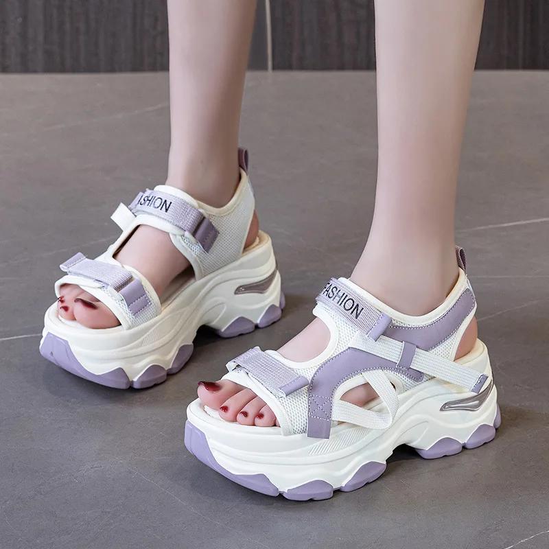 Fashion 7CM Air Mesh Synthetic Leather Sandals Breathable Women Summer Hollow Slipper Fashion Summer Sandals Platform Wedge Flats Shoes