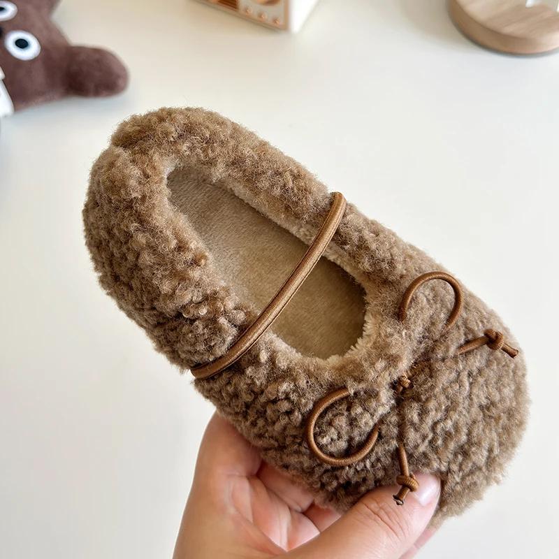 New Kids Shoes Winter Toddler Girls Fashion Princess Mary Jane Party Dress Flats Ballets Children Warm Fur Bowtie