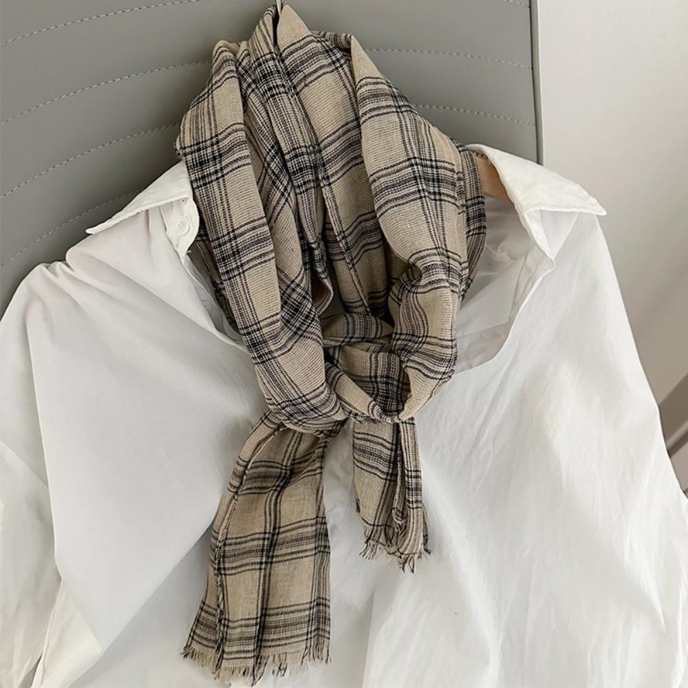Korean Retro All-match Plaid Retro Style Women's Autumn New Style Cotton and Linen Literary Thin Shawl Scarf Dual-use