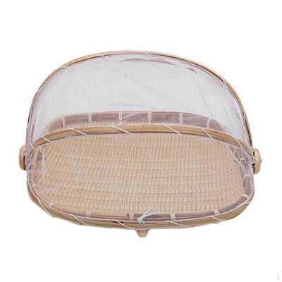 Bamboo Basket Food Tent with Mesh Gauze Cover Bread Serving Tray for