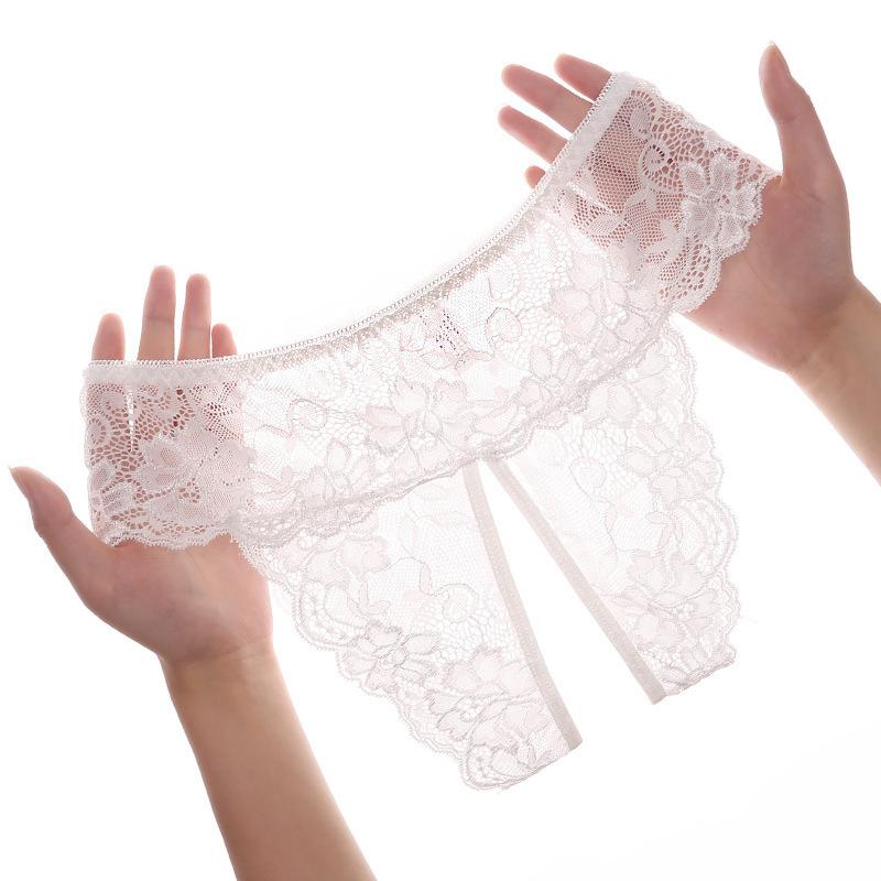 6 Colors Floral Lace Transparent Underpants Women Sexy Open Crotch Insertable Thongs Plus Size Low Waist Underwear Briefs