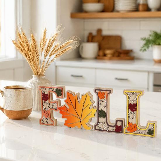 Autumn Home Interior Accents 4Pcs/Set Fall Wooden Tabletop Signs, Maple Leaf Letter Decorations for Farmhouse Harvest Table Centerpieces Tiered