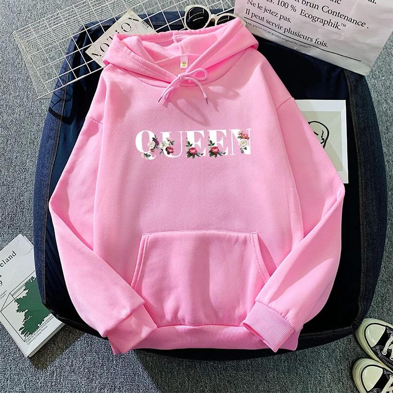 Women's Queen Sweatshirts High Quality Flower Letter Print Hooded Pullover Female Urban Casual Fashion Hoodie