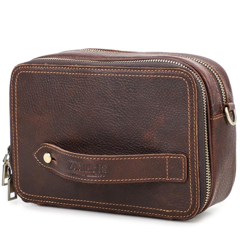 Crazy Horse Leather Men s Crossbody Bag European American Trendy Double Zipper Handbag 22x8x16 коричневый