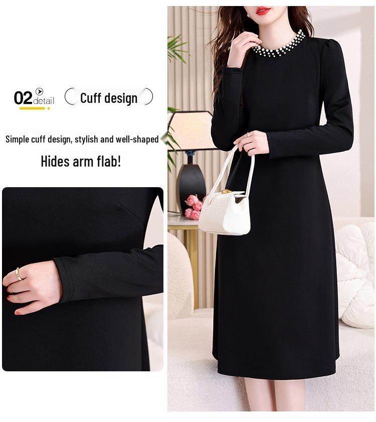 Hepburn Style Women's Elegant Black Midi Dress - Versatile Long Sleeve for Spring/Autumn 2026