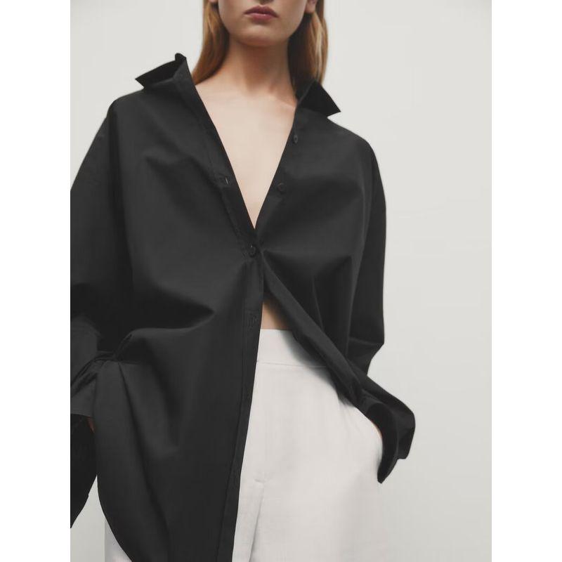 

MD Women s Clothing French Style Normcore Commute Style Elegance Black Pure Cotton Poplin Lapel Long Sleeve Shirt Female 05165961800 Black L